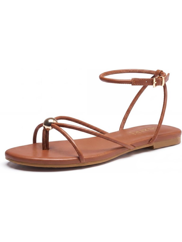 Women's Tan Strappy Flat Sandals Open Toe Ankle Strap Thong Summer Shoes
